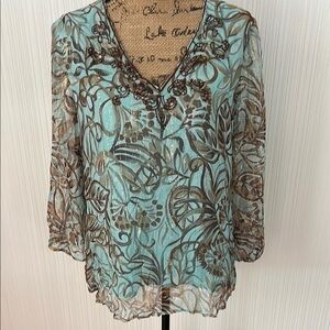 Bob Mackie Blue Graphic Silk 3/4 Sleeve Blouse